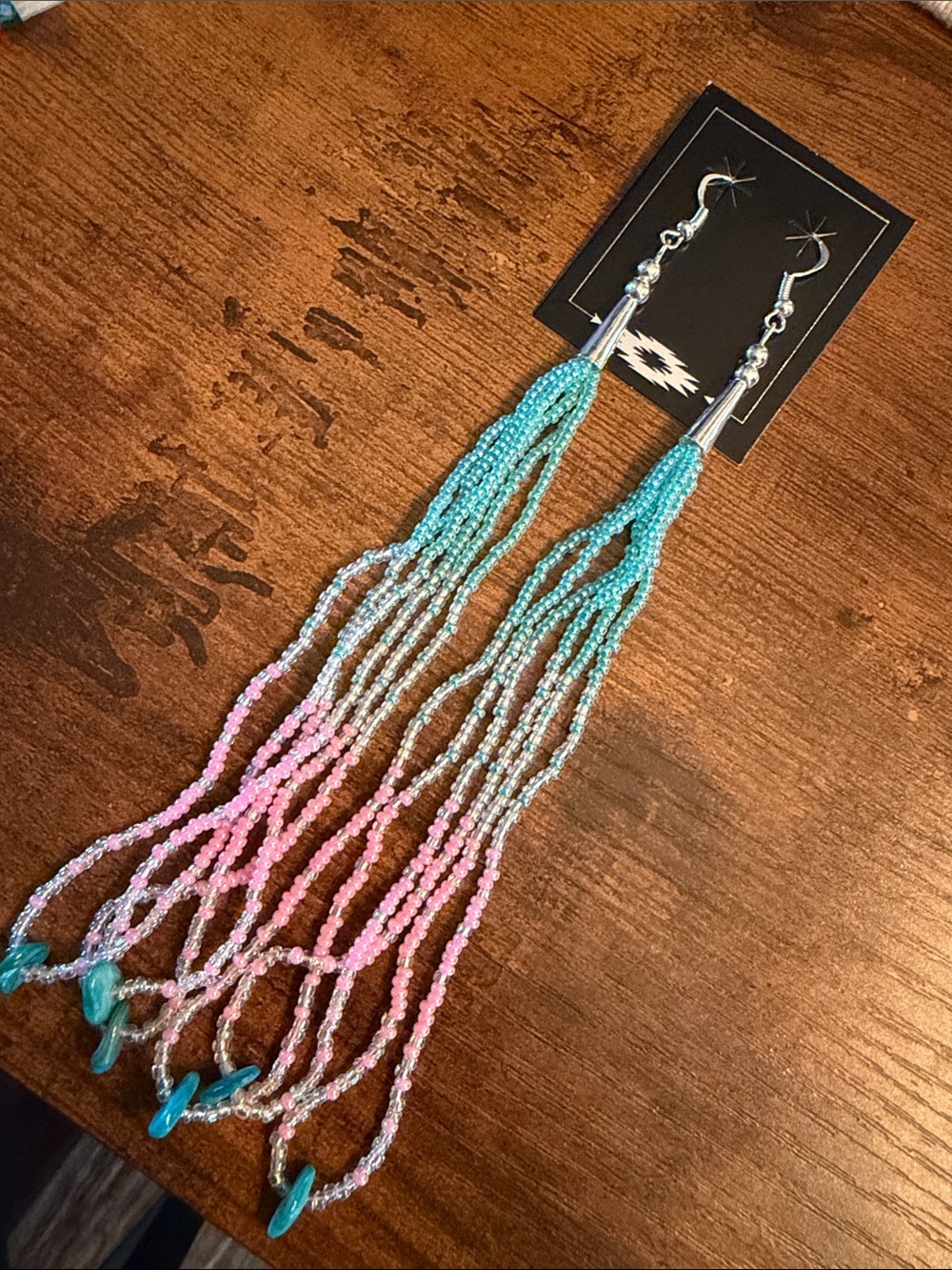 Beaded Tassel Drop Earrings - Blue & Pink
